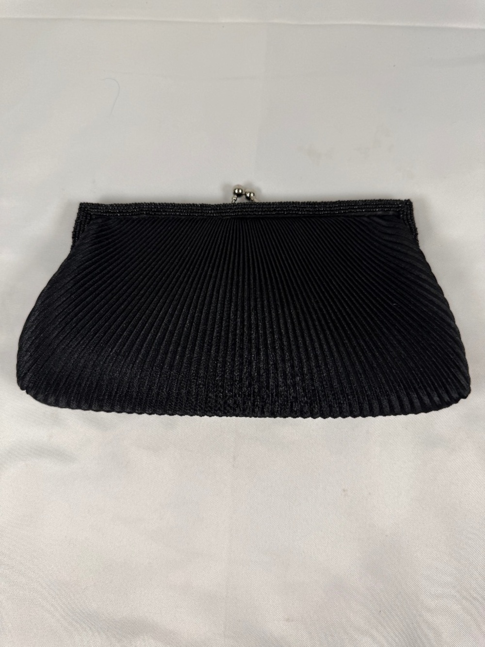 SASHA Black Pleated Satin Evening Clutch Purse Kiss Lock Formal Bag